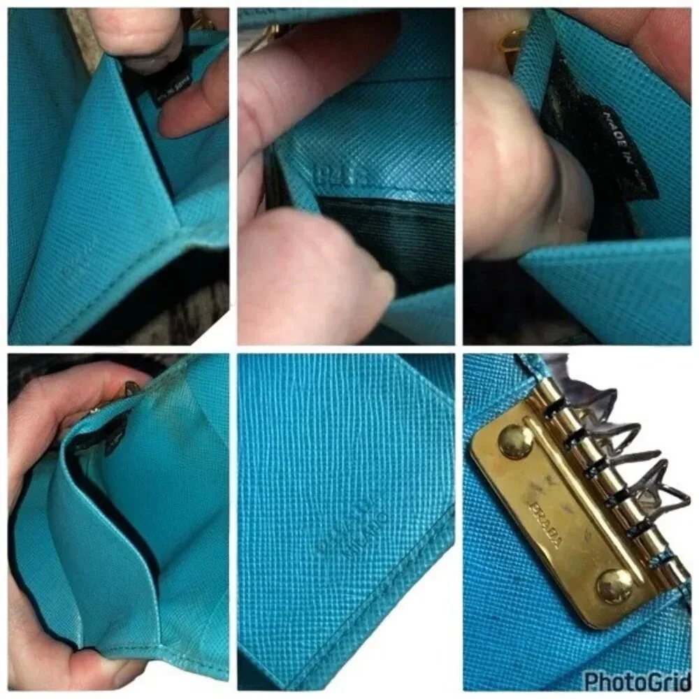 PRADA Voyager Italian Saffiano Leather Metal 6 Key Holder Cobalt Turquoise Blue